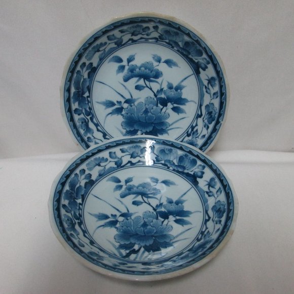 Vintage Blue Transferware Bowl Set 2 Porcelain Peony Japanese Asian - Picture 1 of 9